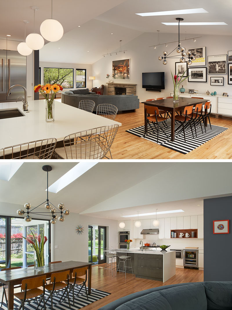 Walls were removed from this home to create an open floor plan with the kitchen, dining and lounge all sharing the same space. Skylights were added to keep the space bright.