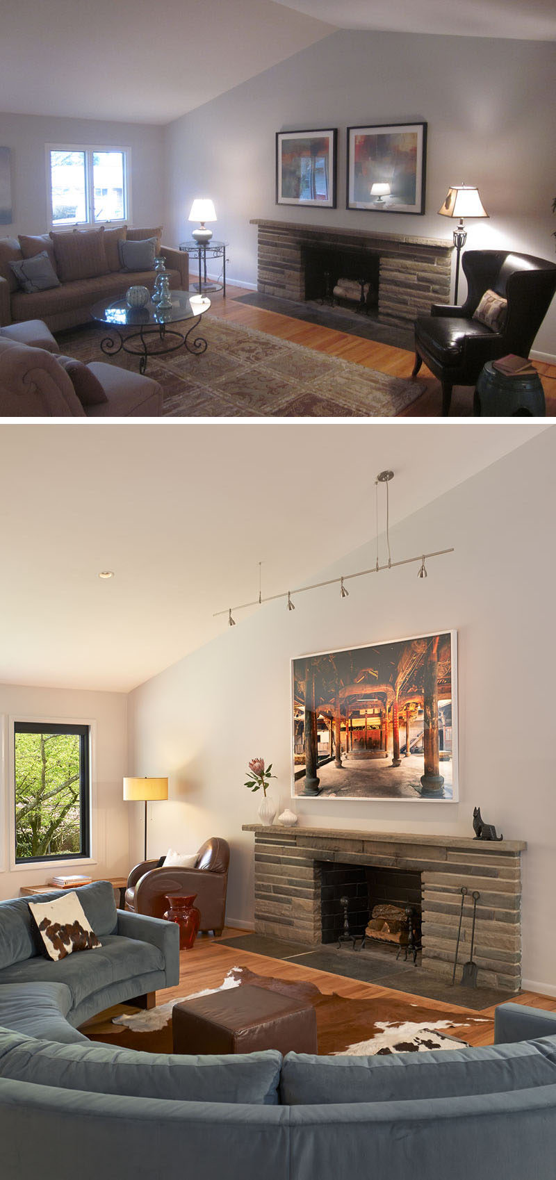 BEFORE & AFTER - In this living room, a rounded blue sectional with a small leather ottoman and cowhide rug offer a cozy spot to sit by the fireplace. In the corner, a brown leather armchair provides a great reading nook.