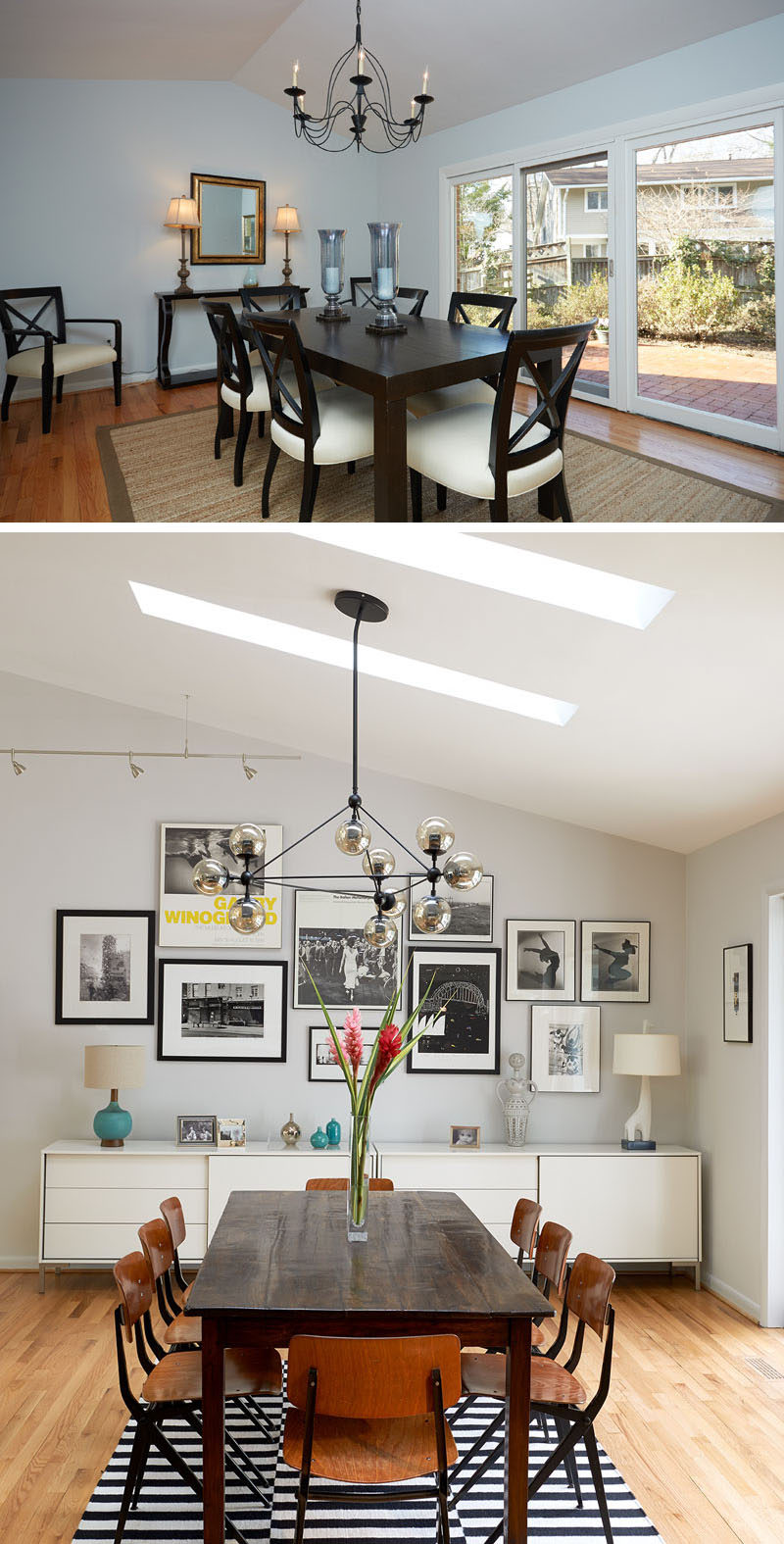 BEFORE & AFTER - In this updated dining room, a black and white striped rug grounds the wood dining table and chairs in this mid-century style dining room. A long, white buffet provides essential storage for dinnerware, utensils and anything you might need for entertaining, and a large picture wall perfectly displays various photographs.