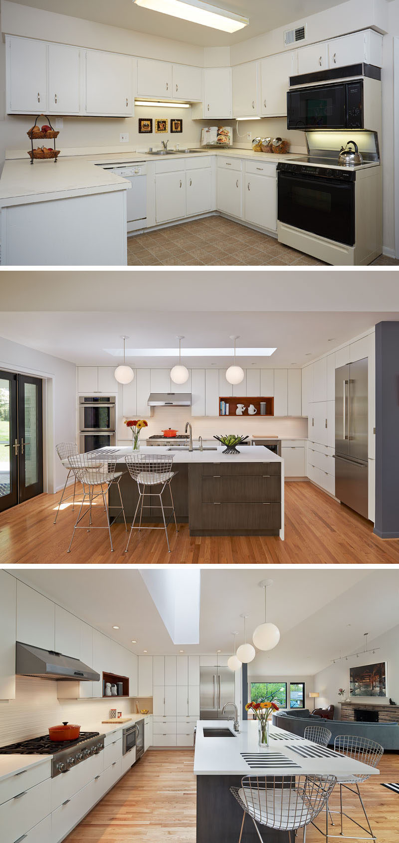 BEFORE & AFTER - The kitchen was renovated to reflect stylish, mid-century modern design. Floor-to-ceiling cabinets provide essential storage, and a long island serves as place to prep and dine. Bertoia barstools and light hardwood floors complete the fresh, open design.