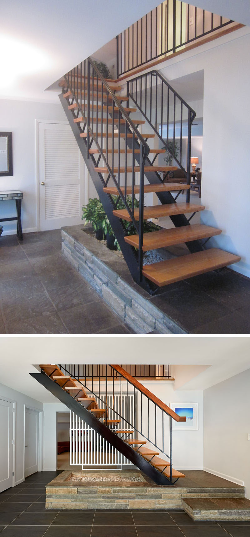 BEFORE & AFTER - This staircase leading to the second floor of the home is an example of mid-century craftsmanship. Dark grey tile was added to accent the staircase's style. The original treads and railing were left, and the handrail was replaced with the wood cap that the client requested for a more authentic finish.
