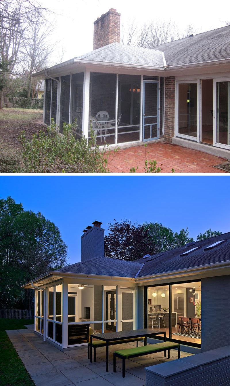 BEFORE & AFTER - Outside and at the rear of this home is an updated screened-in porch and small patio. A dining table with benches create a place to dine outdoors.