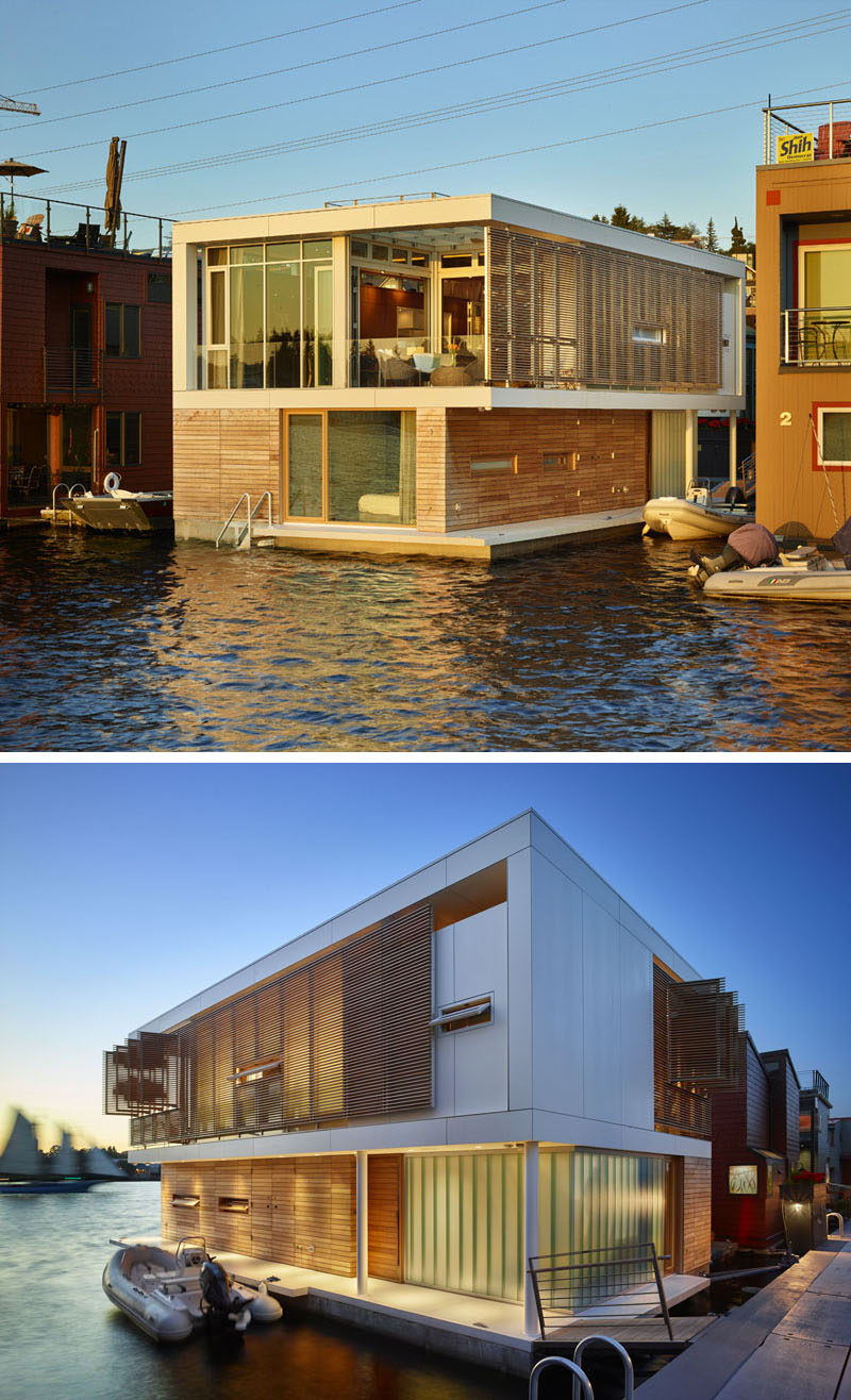 Designed by Vandeventer + Carlander Architects, this two storey modern floating home with views of Lake Union, has been constructed on concrete floats that are 24 feet wide by 44 feet long, 