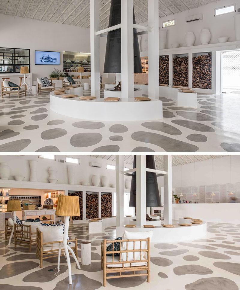 FLOORING IDEA - The concrete flooring in this hotel was painted using a stencil, creating a look that resembles stones embedded into the floor.