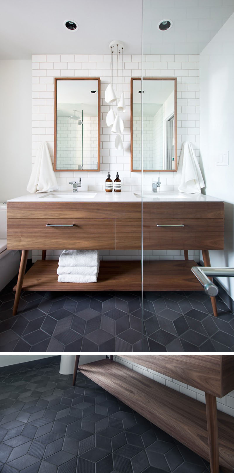 8 Examples Of Tile Flooring With Geometric Patterns // Dark textured diamond tiles make up the floor of the bathroom in this Vancouver apartment.