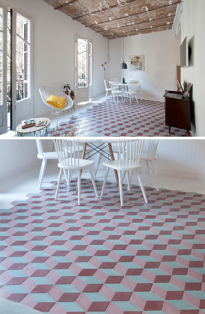 8 Examples Of Tile Flooring With Geometric Patterns // Bold, brightly colored tiles make up this geometric pattern, that could play tricks on your eyes if you stare at it long enough.