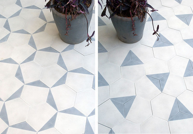 8 Examples Of Tile Flooring With Geometric Patterns // One of the corners of these hexagon tiles has been painted on every tile which allows you to create a wide variety of patterns on the floor.