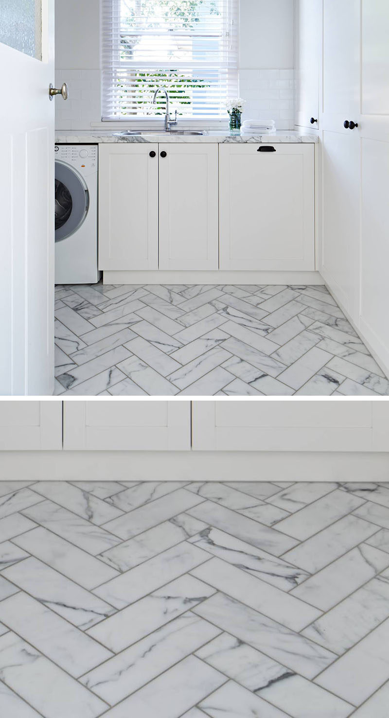 8 Examples Of Tile Flooring With Geometric Patterns // Creating a herringbone pattern with rectangular tiles is an easy way to bring in geometric tiles and a ton of style.