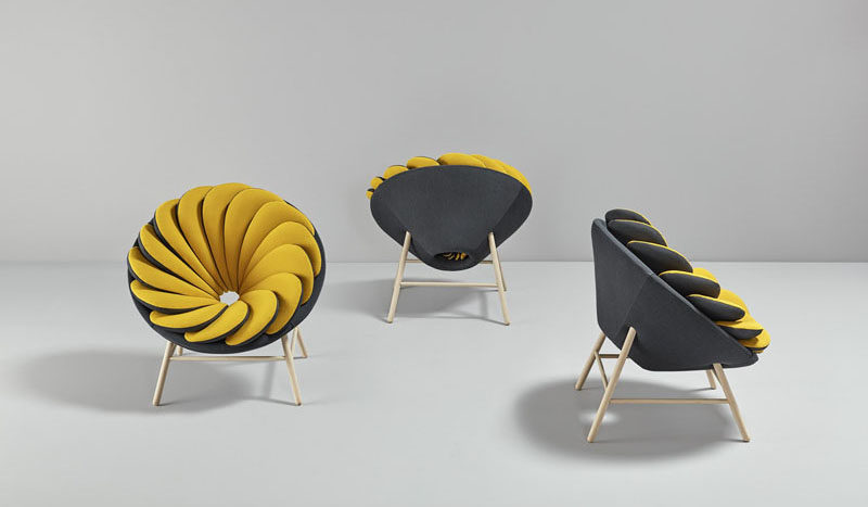 Quetzal, a chair with 14 overlapped bicolor pillows. Designed by Marc Venot for Missana.