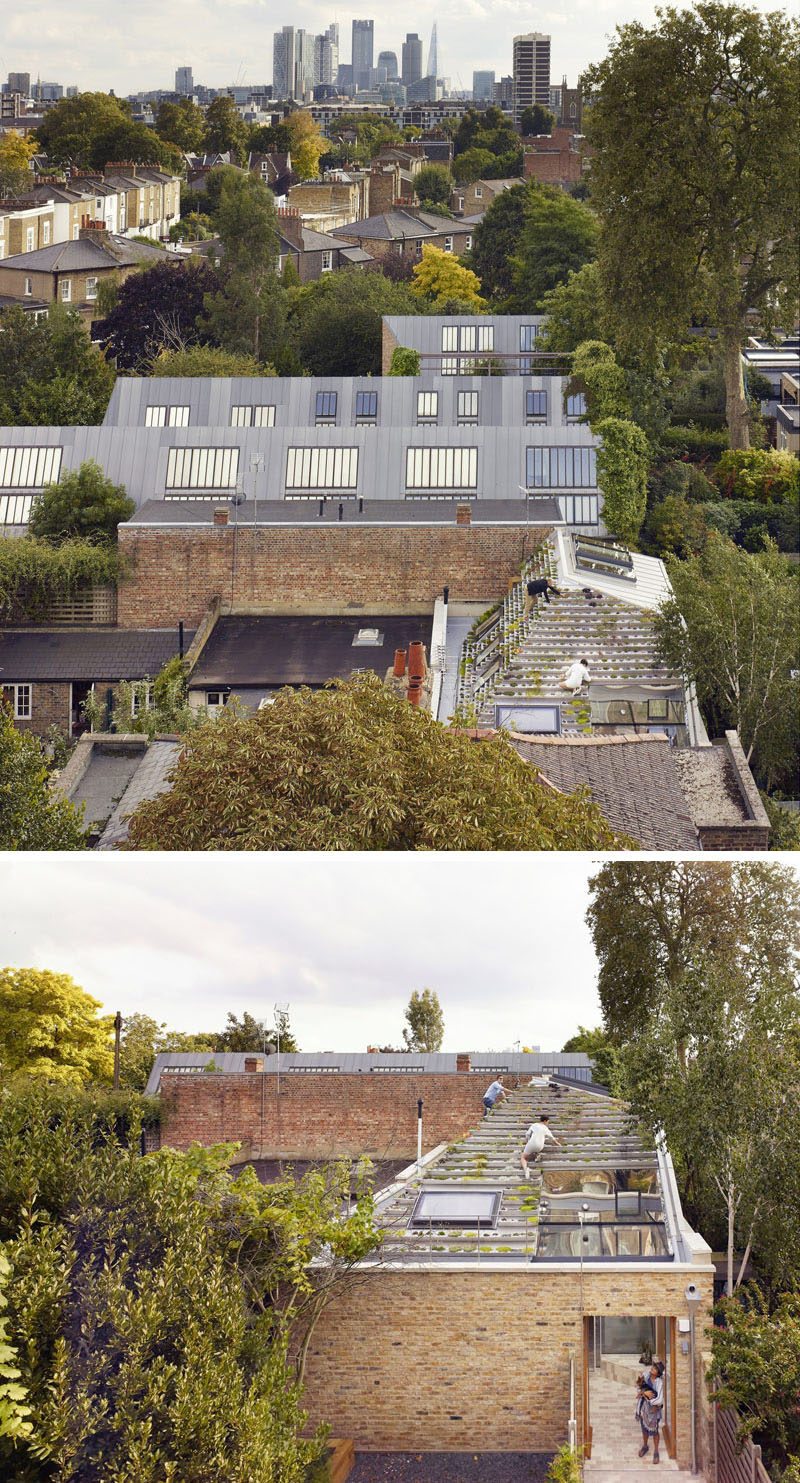 This green roof on a home in London, has a series of terraced stainless steel planters filled with over 800 plants.