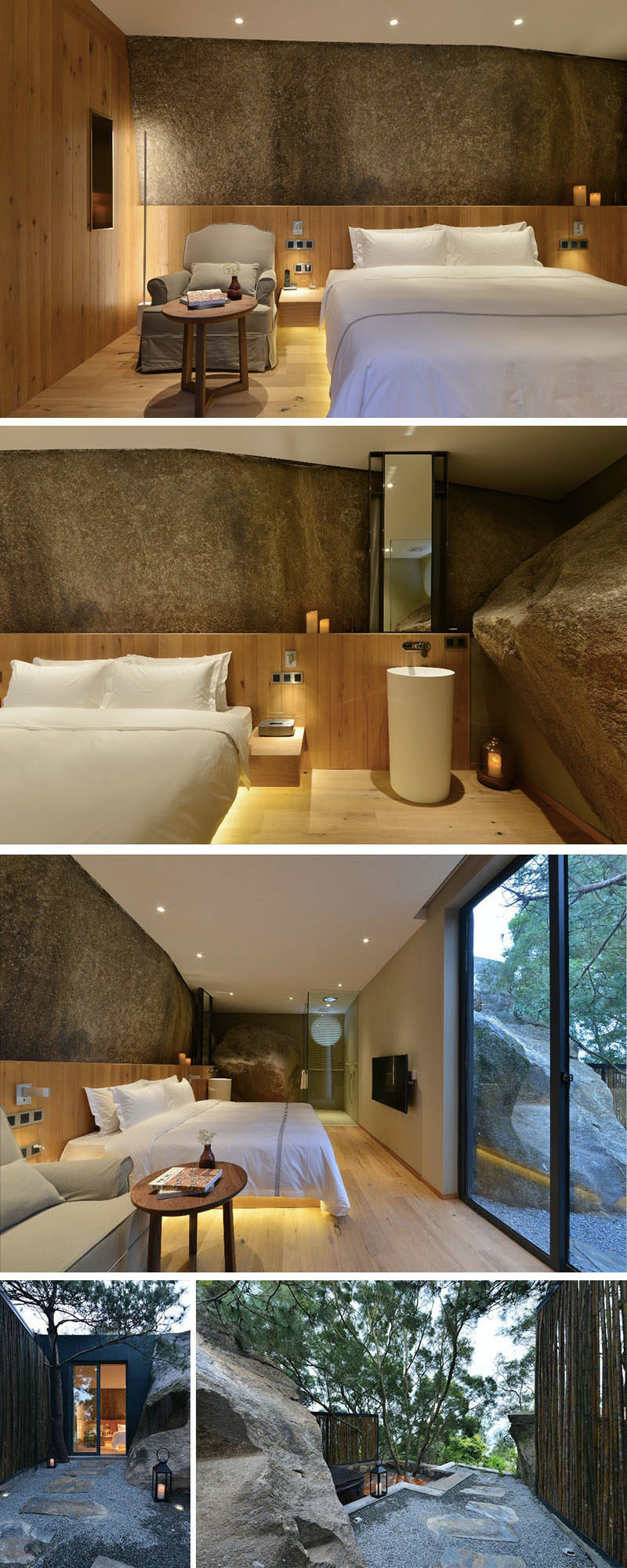 In this hotel room, a large rock wall has been left to create a feature wall, and in the bathroom, a large boulder has been left in the space. Outside, there's a small path that leads to a deck and private spa.