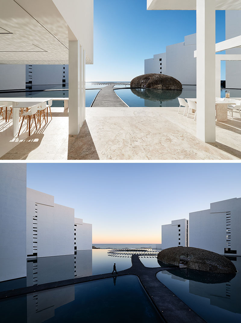 Surrounded entirely by water, made from thin strips of wood and seeming to float right on its surface is Restaurant Nido; one of the three world class restaurants at Mar Adentro Hotel, a five-star hotel designed by Miguel Ángel Aragonés in San José del Cabo, Mexico.