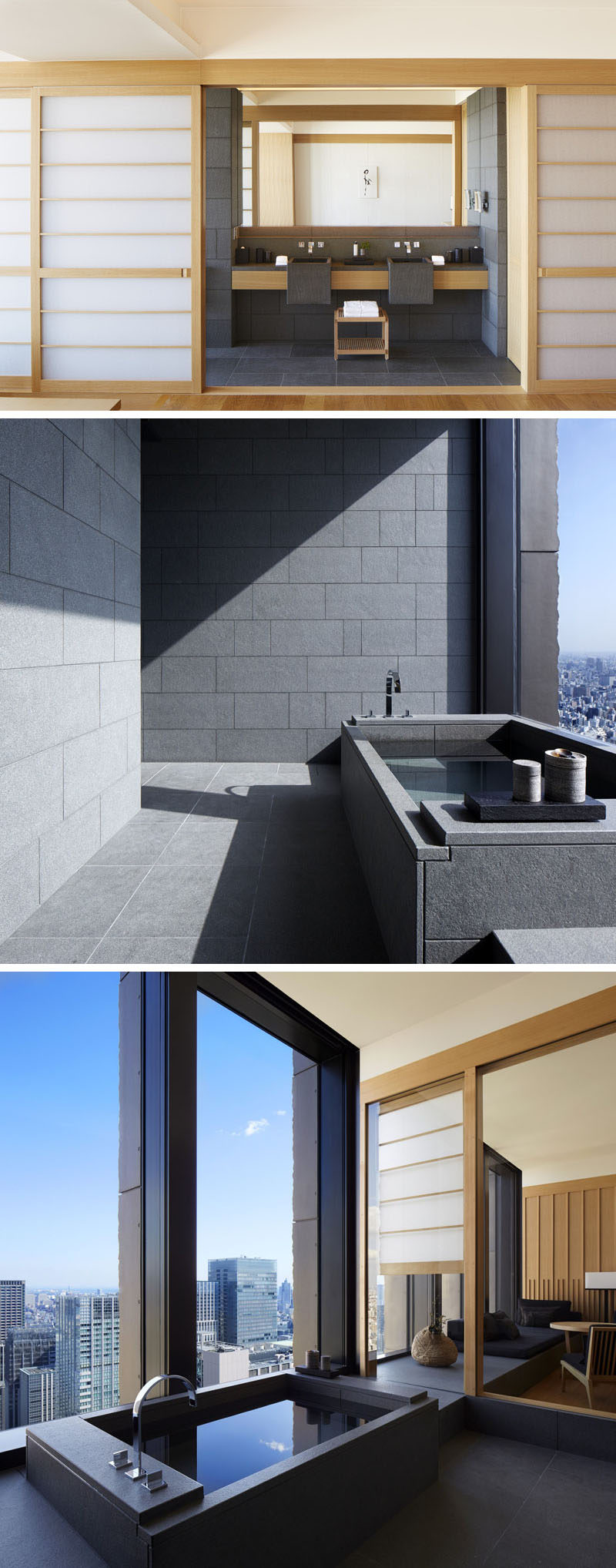 The bathrooms in this Japanese hotel follow the design of traditional Japanese baths, with charcoal-coloured basalt stone tiles which draw the eye across the room to the private onsen with floor-to-ceiling windows and views to the private gardens. 