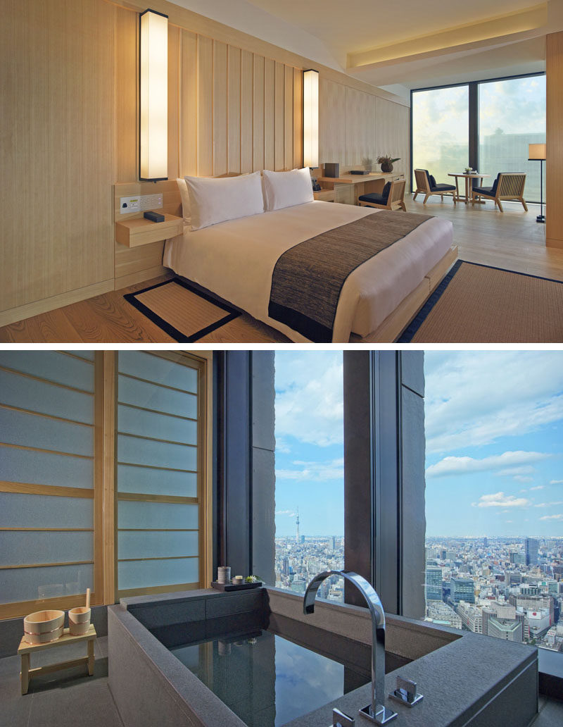 In keeping with Japanese interior design, these hotel suites have minimal accessories so as not to distract from the view.