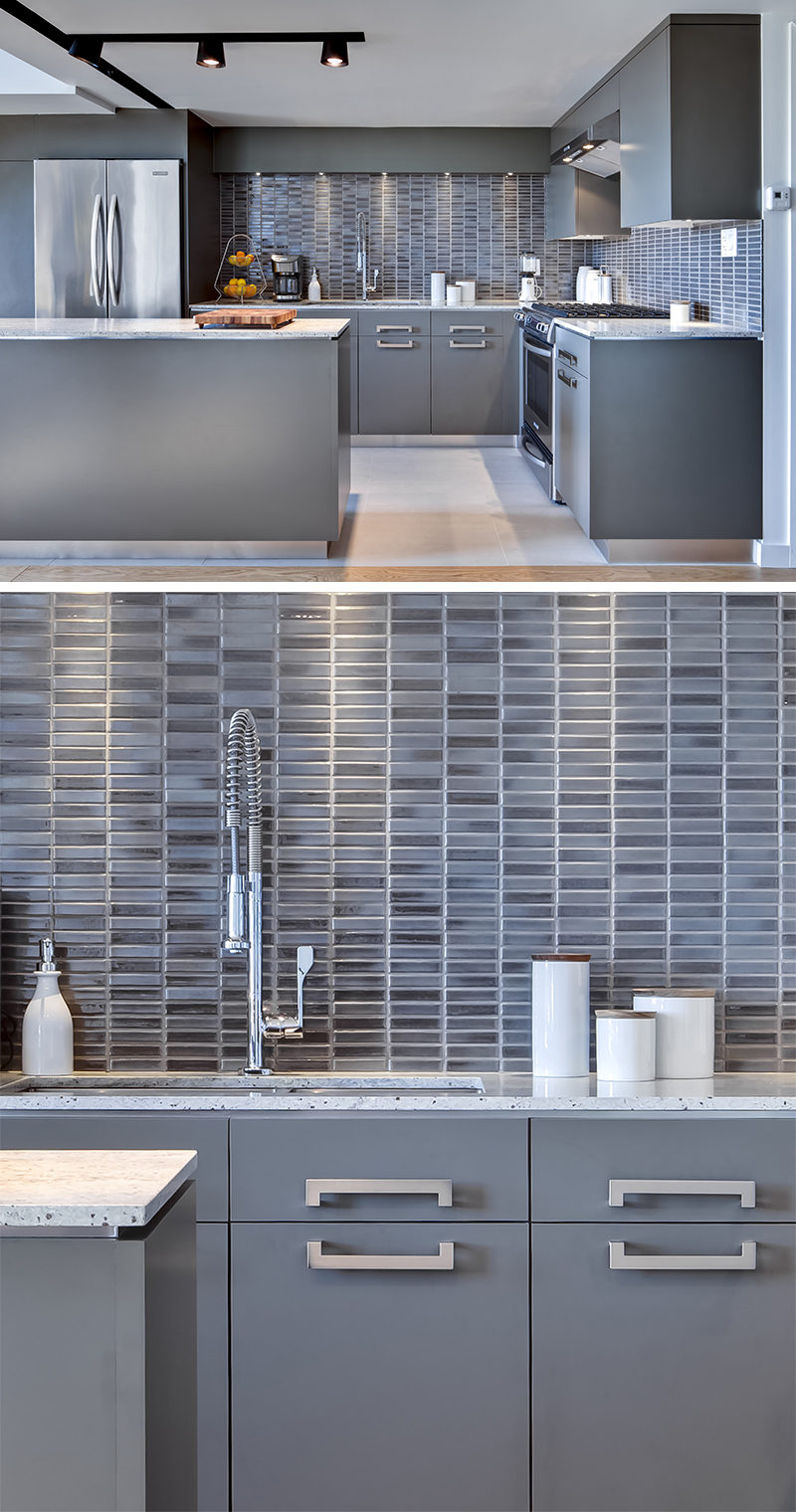 9 Inspirational Pictures Of Kitchens With Geometric Tiles // Rectangular tiles of varying shades of blue-grey compliment the colors used throughout this kitchen.