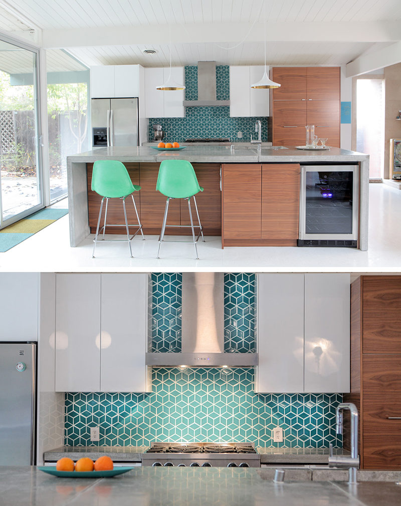 9 Inspirational Pictures Of Kitchens With Geometric Tiles // Blue diamond tiles with white grout make the kitchen of this home lively and fun.