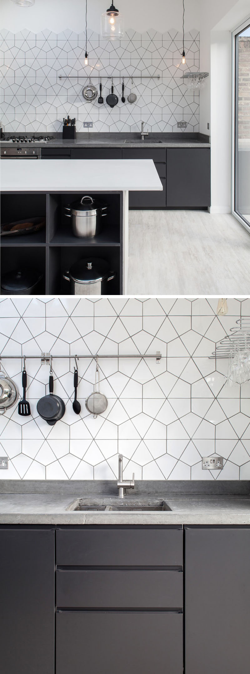 9 Inspirational Pictures Of Kitchens With Geometric Tiles // The white tiles and dark grout are in keeping with the rest of the color scheme in this concrete, grey, and white kitchen.