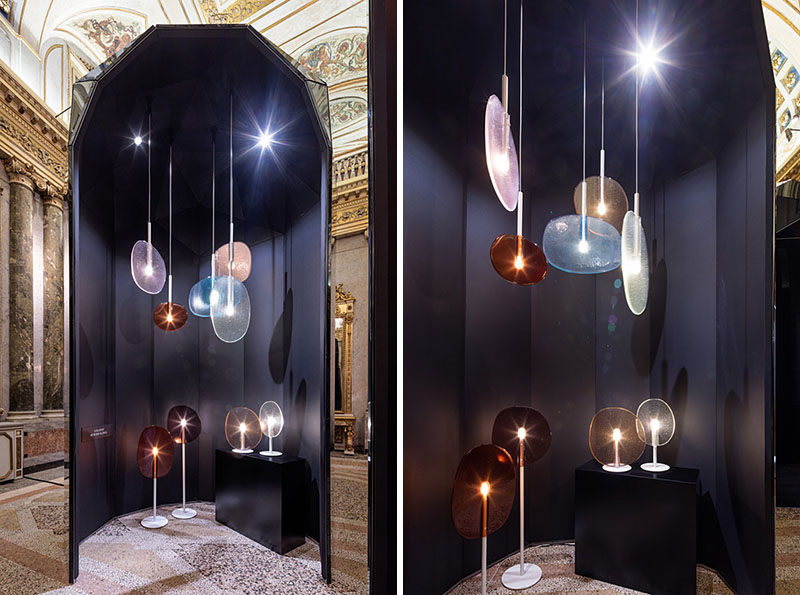 The Lollipop Collection, made up of a floor lamp, table lamp and pendant lamps, has been designed as a playful reminder of what it is like to look through a glass bottle into the sun, or when you hold a lollipop up to the light.