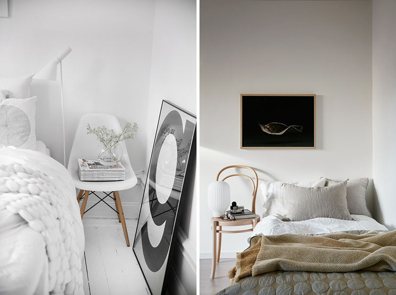 9 Different Ideas For Adding A Nightstand To Your Bedroom // Use A Chair As A Table --- It's a chair! It's a table! It's... both? This chair has a drawer in the front of it making it the perfect place to store things you like to have next to you at night but keeps them out of plain sight.