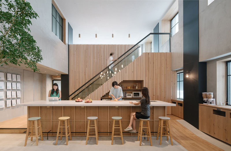 This office's large kitchen has a huge island, making sure there's enough room for everybody to prepare their food.