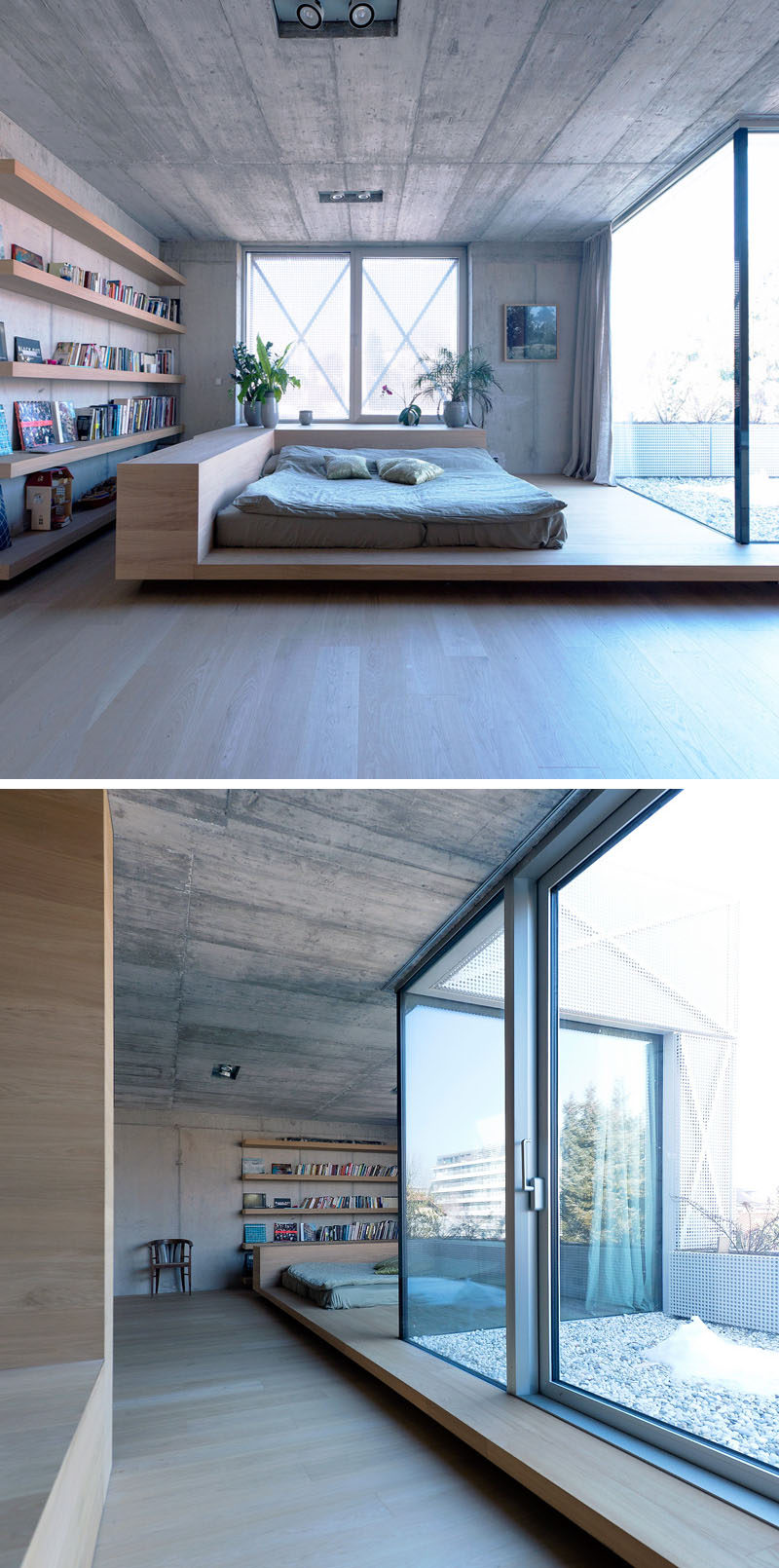 BEDROOM DESIGN IDEA - Place Your Bed On A Raised Platform // This sleeping area has been separated from the rest of the space by being placed on a platform and partially enclosed by raised wood edges.