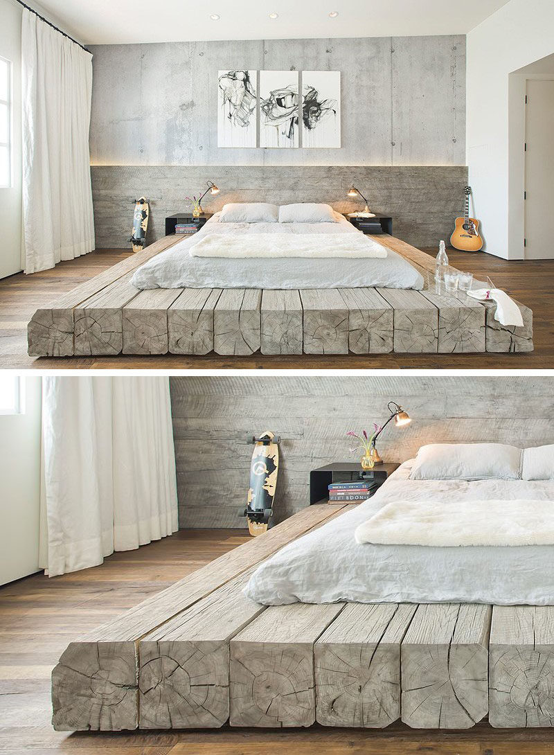 BEDROOM DESIGN IDEA - Place Your Bed On A Raised Platform // This bed sitting on platform made of reclaimed logs adds a rustic yet contemporary feel to the large bedroom.