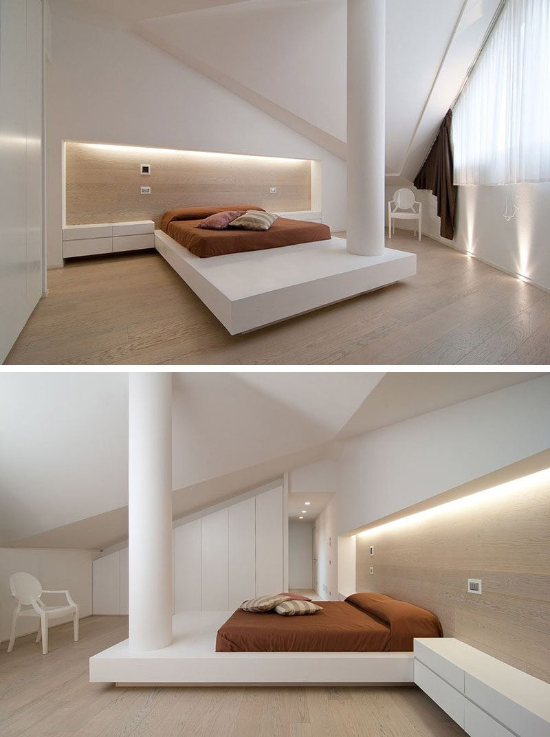 BEDROOM DESIGN IDEA - Place Your Bed On A Raised Platform // The elongated platform in this bedroom functions to support the bed and works the column into the design of the space.