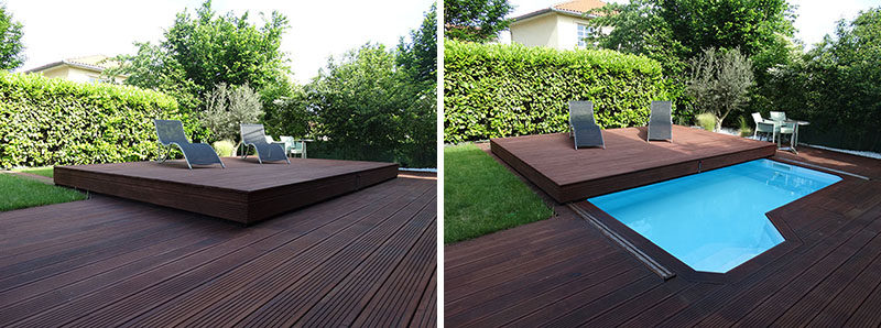 This raised wooden deck in the backyard is actually a pool cover.