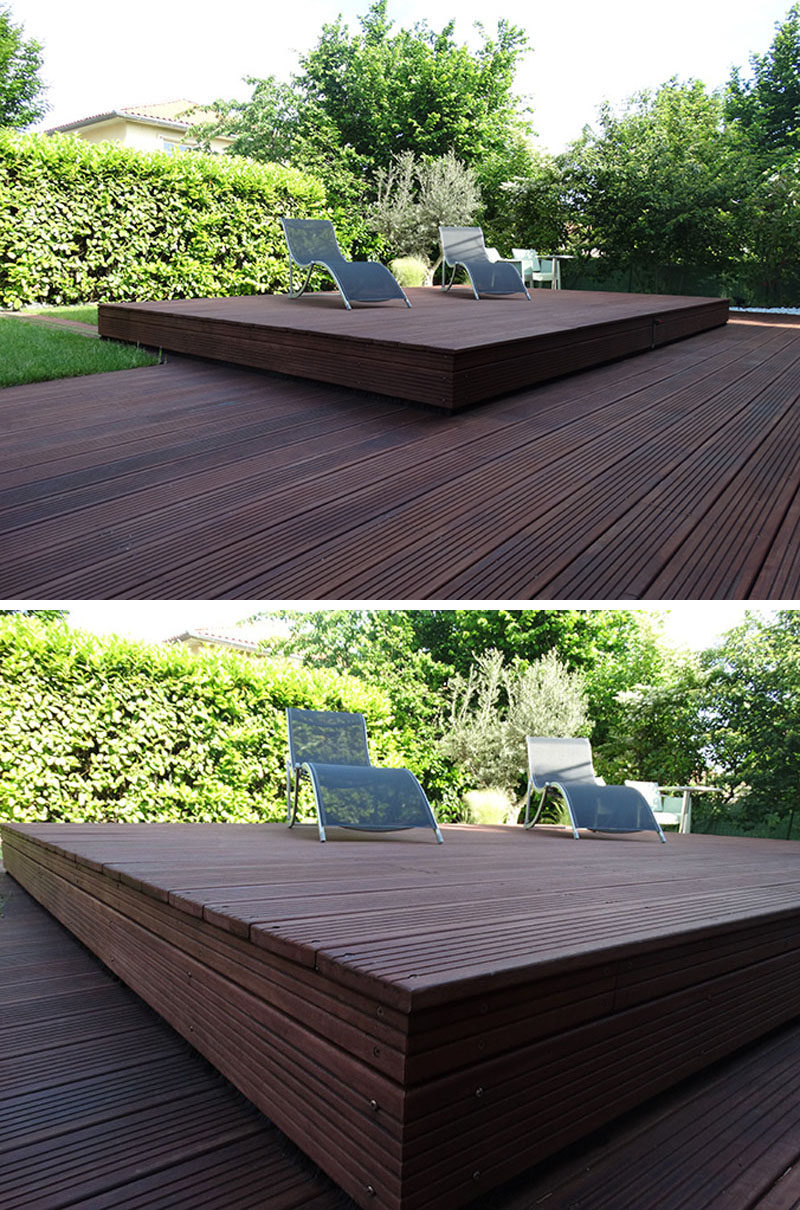 This raised wooden deck in the backyard is actually a pool cover.