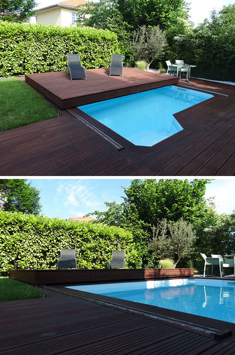 This raised wooden deck in the backyard is actually a pool cover.