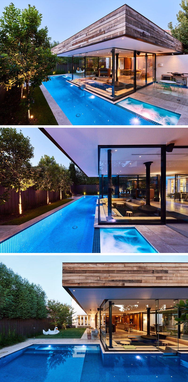 This Australian home features a small lap pool in the backyard and a sunken living room that sits at eye level with the pool.#SunkenLivingRoom #SwimmingPool #Fireplace #LivingRoom #Landscaping