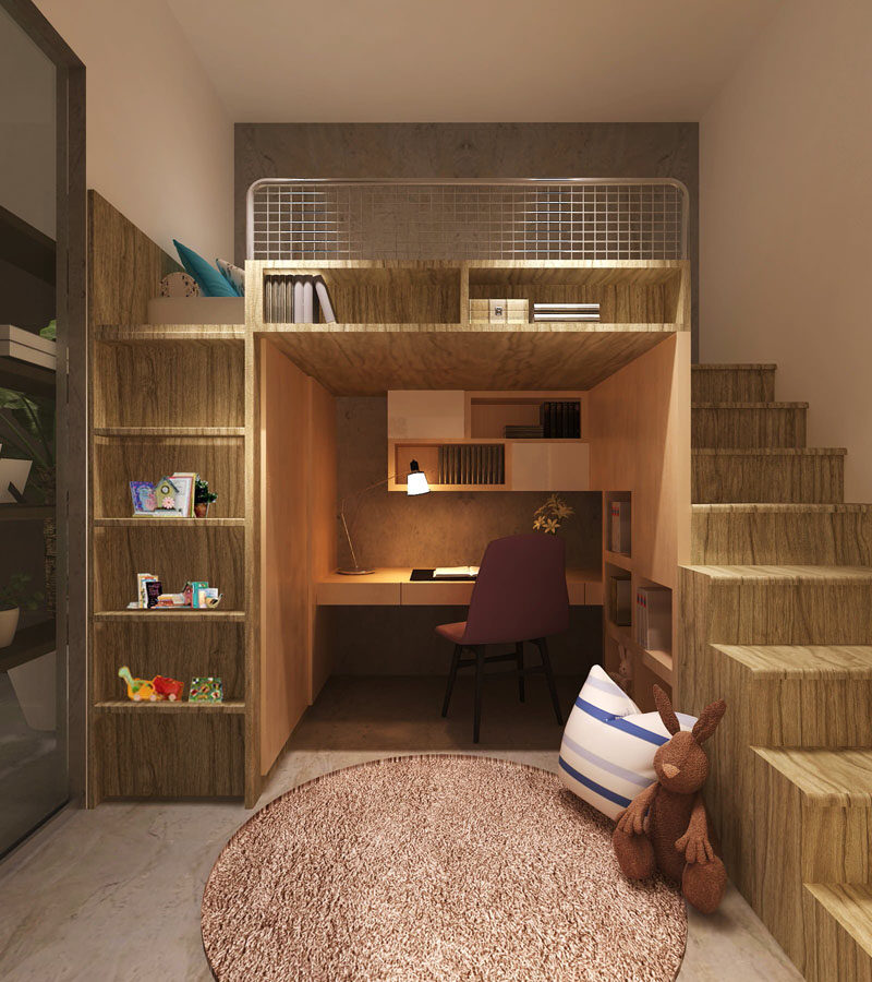14 Inspirational Bedroom Ideas For Teenagers // This loft bed tucks the desk deeper into the room and provides extra storage for books and keepsakes.