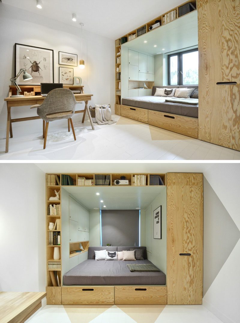 14 Inspirational Bedroom Ideas For Teenagers // Built in storage surrounding the bed makes for a cozy sleeping area and provides tons of space for all of the books and nick nacks that pile up over the years.