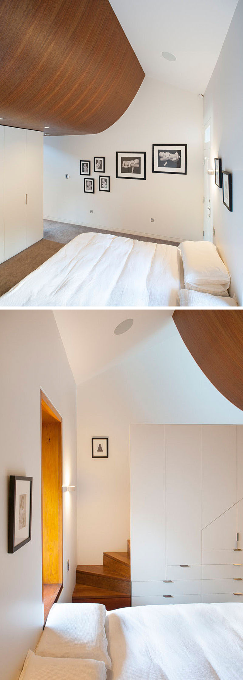 This bedroom has a curved wooden ceiling that contrasts the white walls.