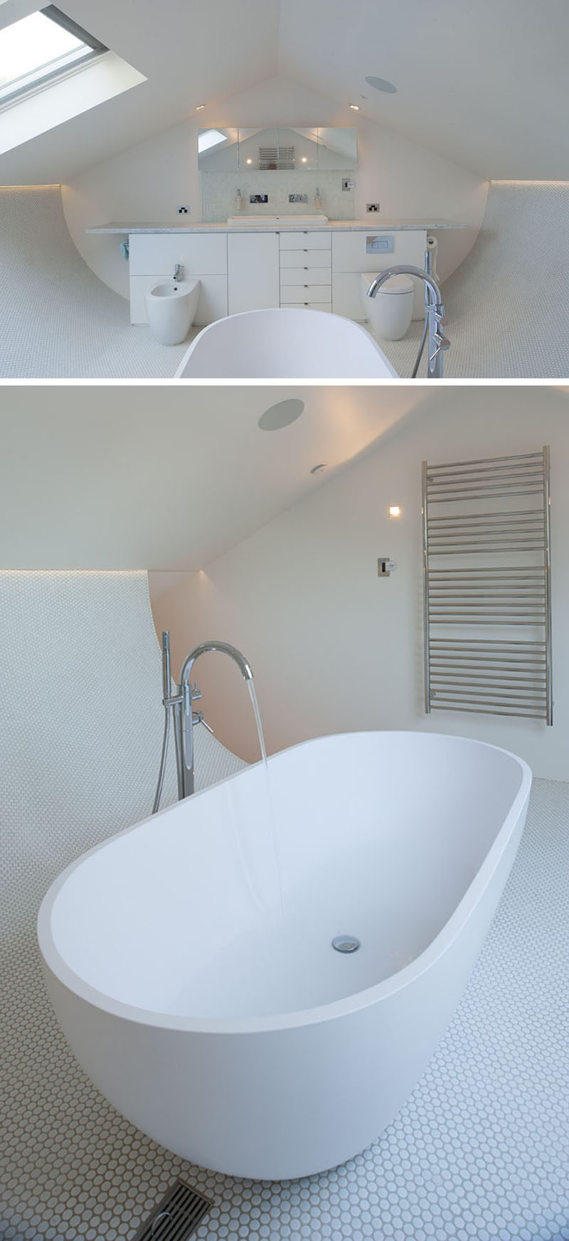 This all white attic has a curved tiled floor with hidden lighting, making the bath the focal point of the bathroom.