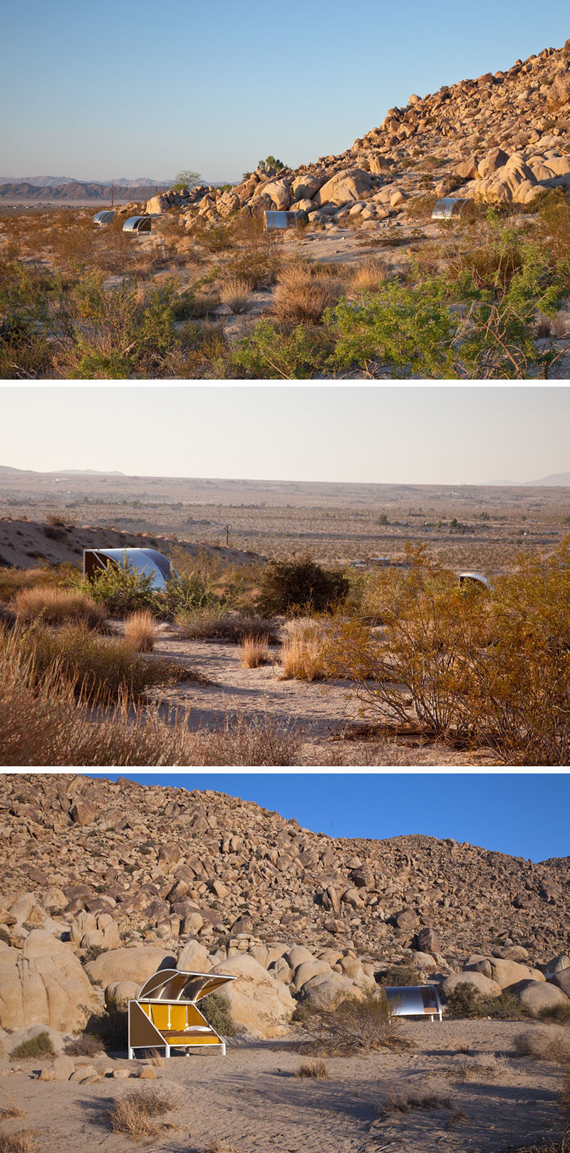 Tucked into the rocky surrounds of the Californian desert, are these little 'wagons', that can be booked for artists, writers, thinkers, hikers and campers, to stay in.