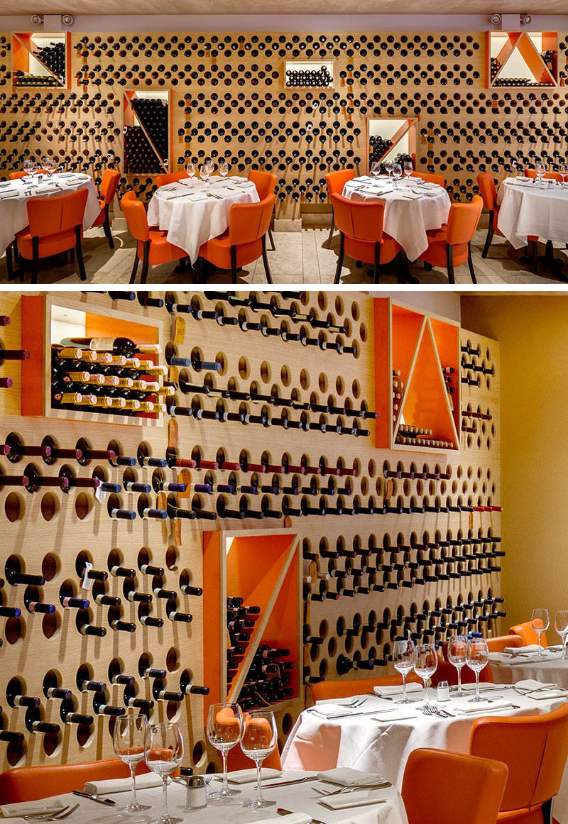 A restaurant accent wall was created by turning it into wine storage.