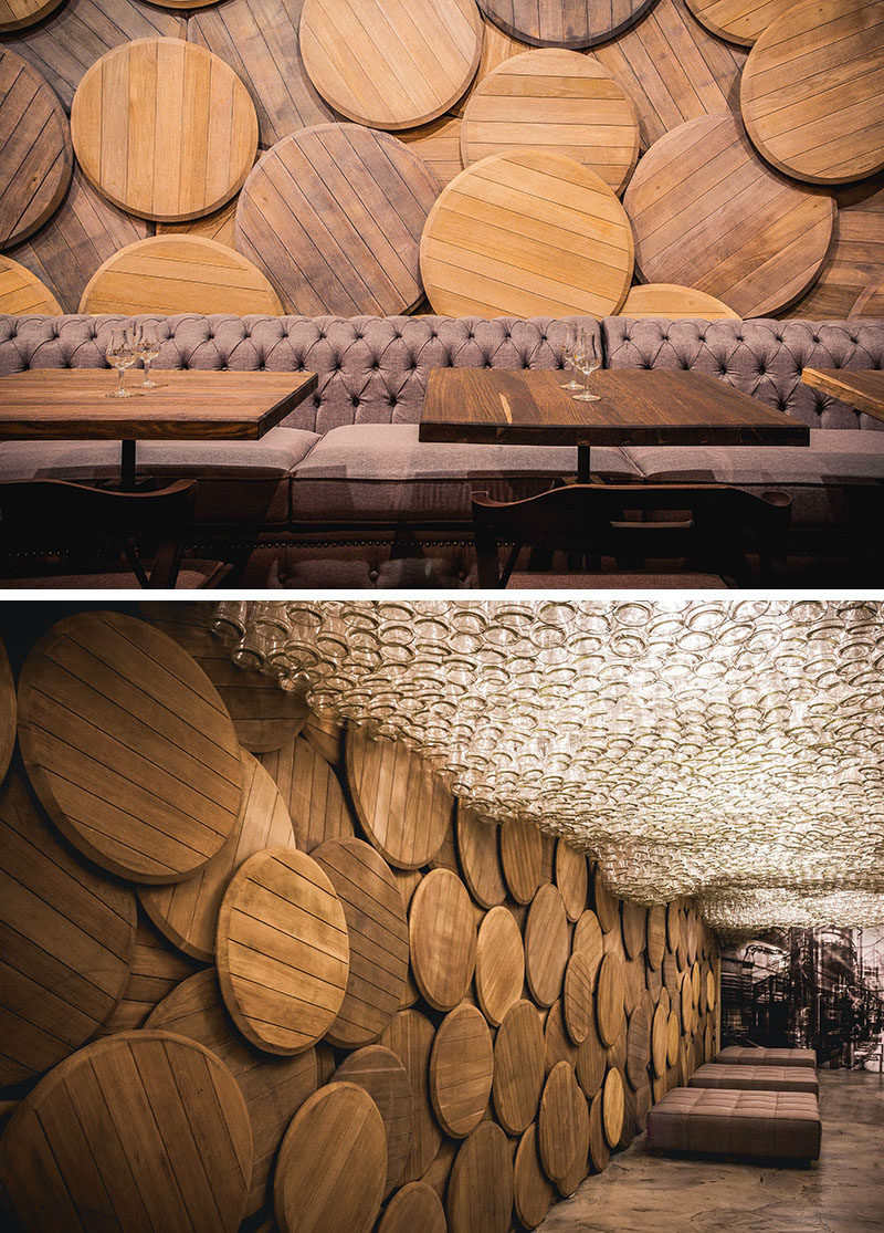 Accent Wall Ideas - 12 Different Ways To Cover Your Walls In Wood // Wood brandy barrels line the wall of this brandy bar in Odessa, Ukraine. #AccentWall #FeatureWall #WoodAccentWall #WoodFeatureWall #InteriorDesign