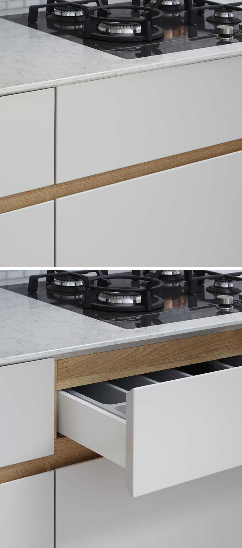 Kitchen Design Idea - Cabinet Hardware Alternatives // Include a recessed groove in the design of your kitchen cabinets.