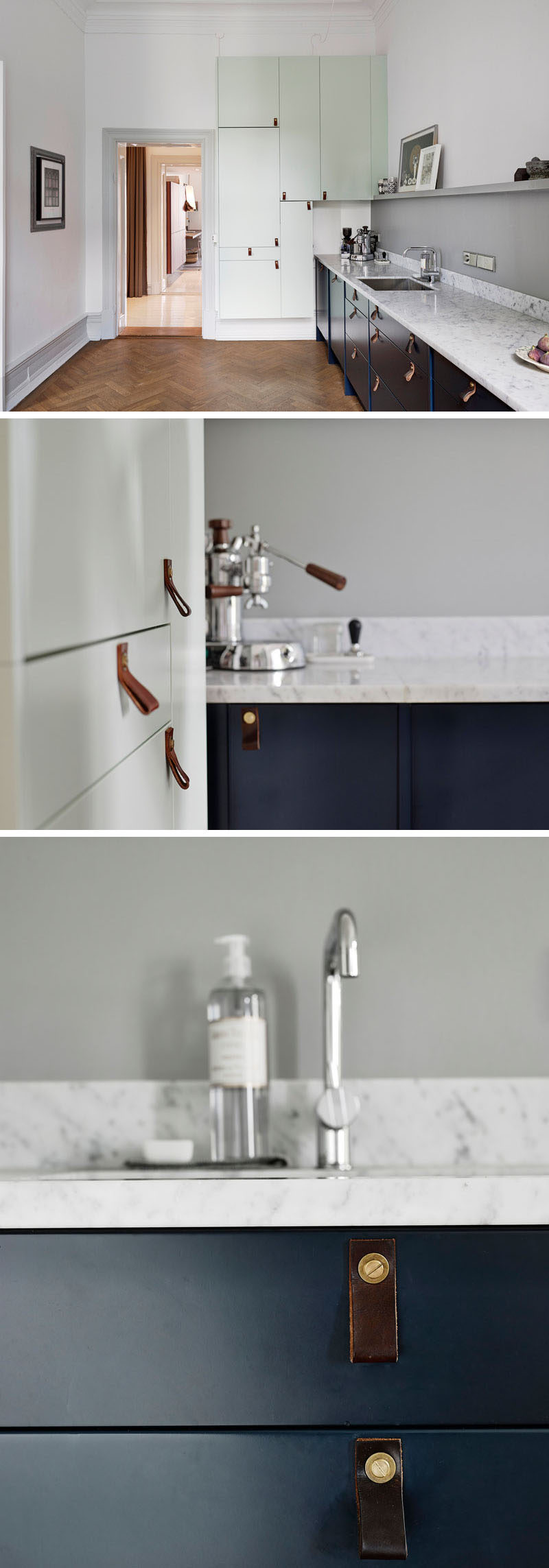 Kitchen Design Idea - Cabinet Hardware Alternatives // Create a Scandinavian look into your kitchen with leather cabinet pulls.