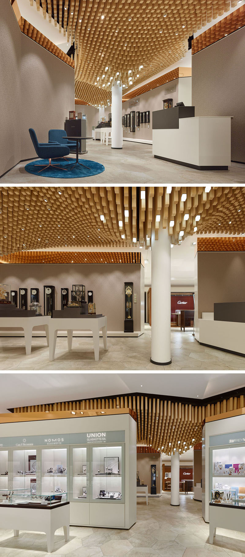 Modern Ceiling Design Idea - 4362 Square Wooden Dowels Cover The Ceiling Of This Watch Showroom