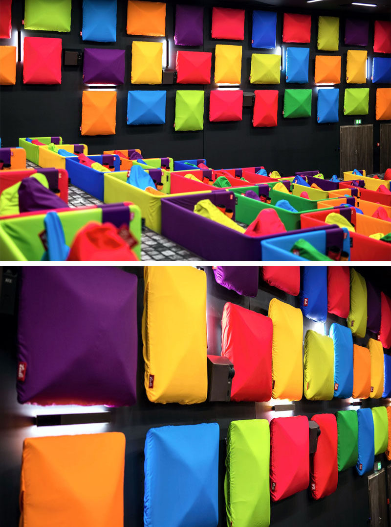 Colorful acoustic panels line the walls of this cinema