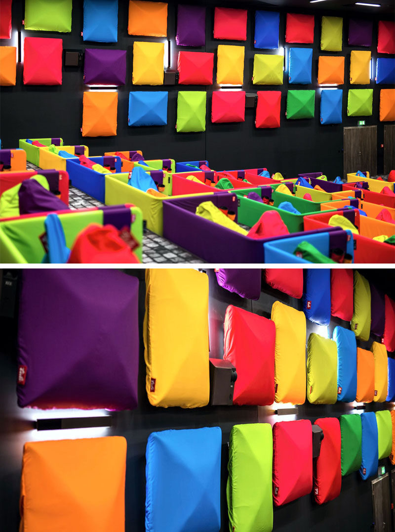 Colorful acoustic panels line the walls of this cinema