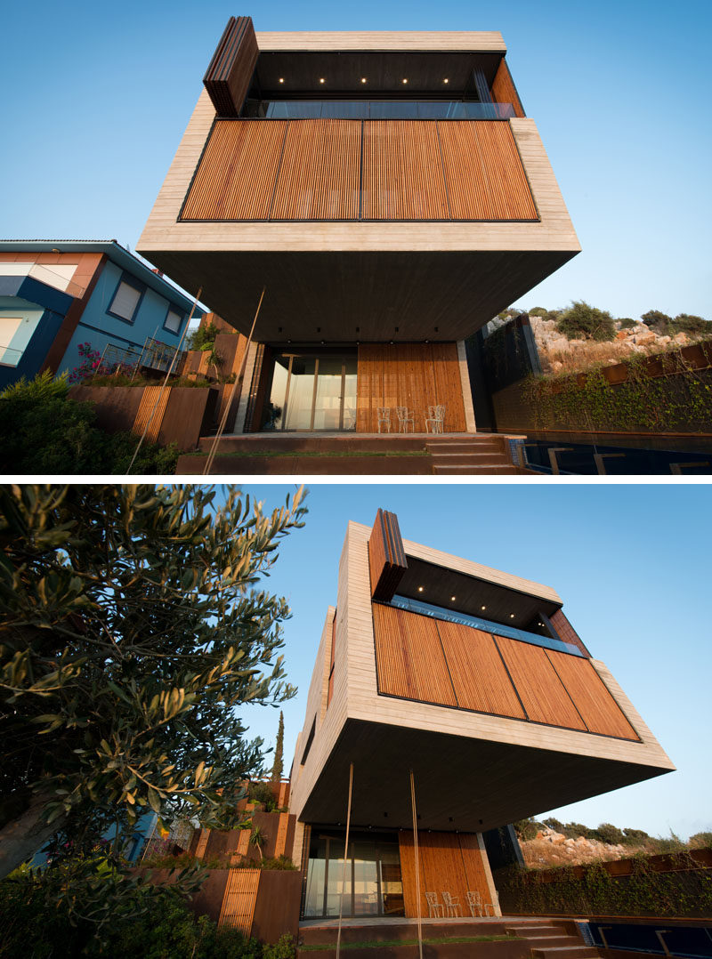 The cantilever on this home serves to push the building mass toward the sea view, to create a large roadside terrace and to provide plenty of shade by the pool and garden.