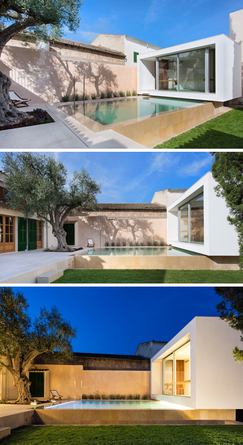 A small pool is positioned between a house and studio space, with lighting highlighting the dramatic design of the garden and patio.