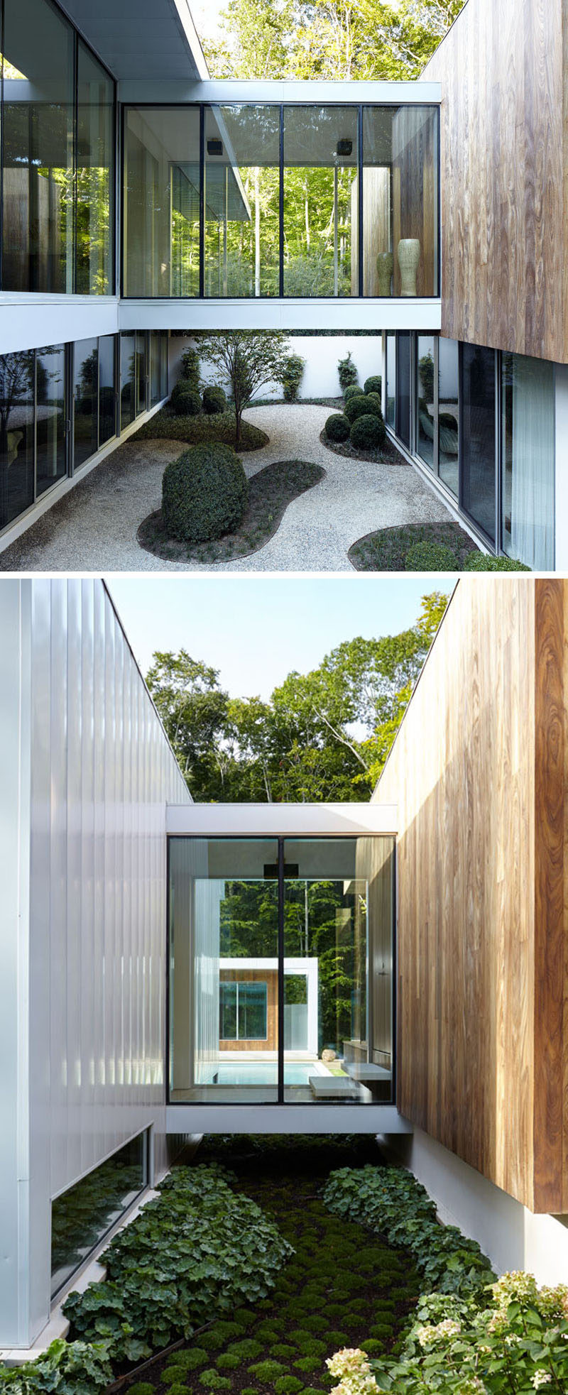 Landscaped gardens run under the small glass bridges that connect various parts of this renovated home.