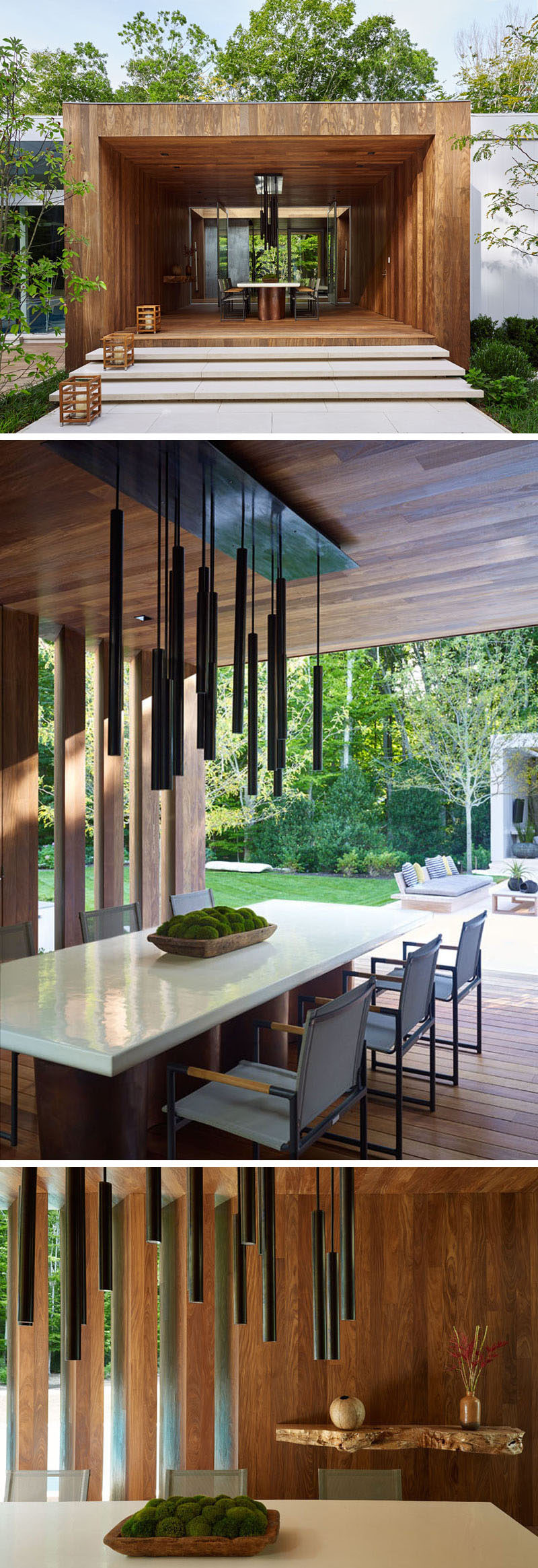 This home has a partially enclosed wooden outdoor area set up as a dining room, perfect for enjoying meals outside when the weather is nice.