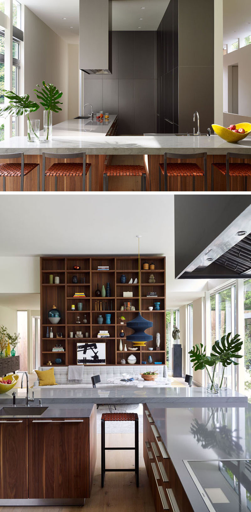 In this kitchen, wood and gray cabinetry has been paired with a light gray countertop for a contemporary look.