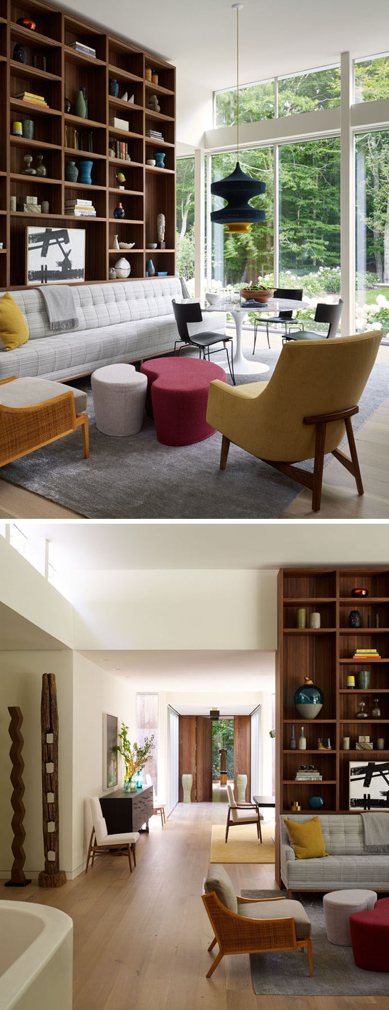 In this living and casual design room, large windows make the space bright, and a floor-to-ceiling wooden bookshelf makes sure there's enough room for displaying decorative items and books.