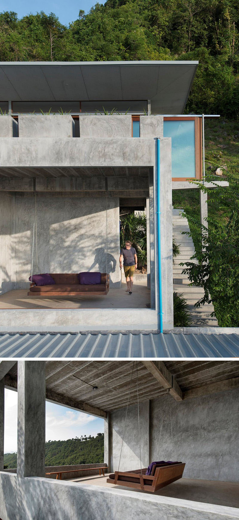 This home has a covered outdoor area with a hanging sofa.